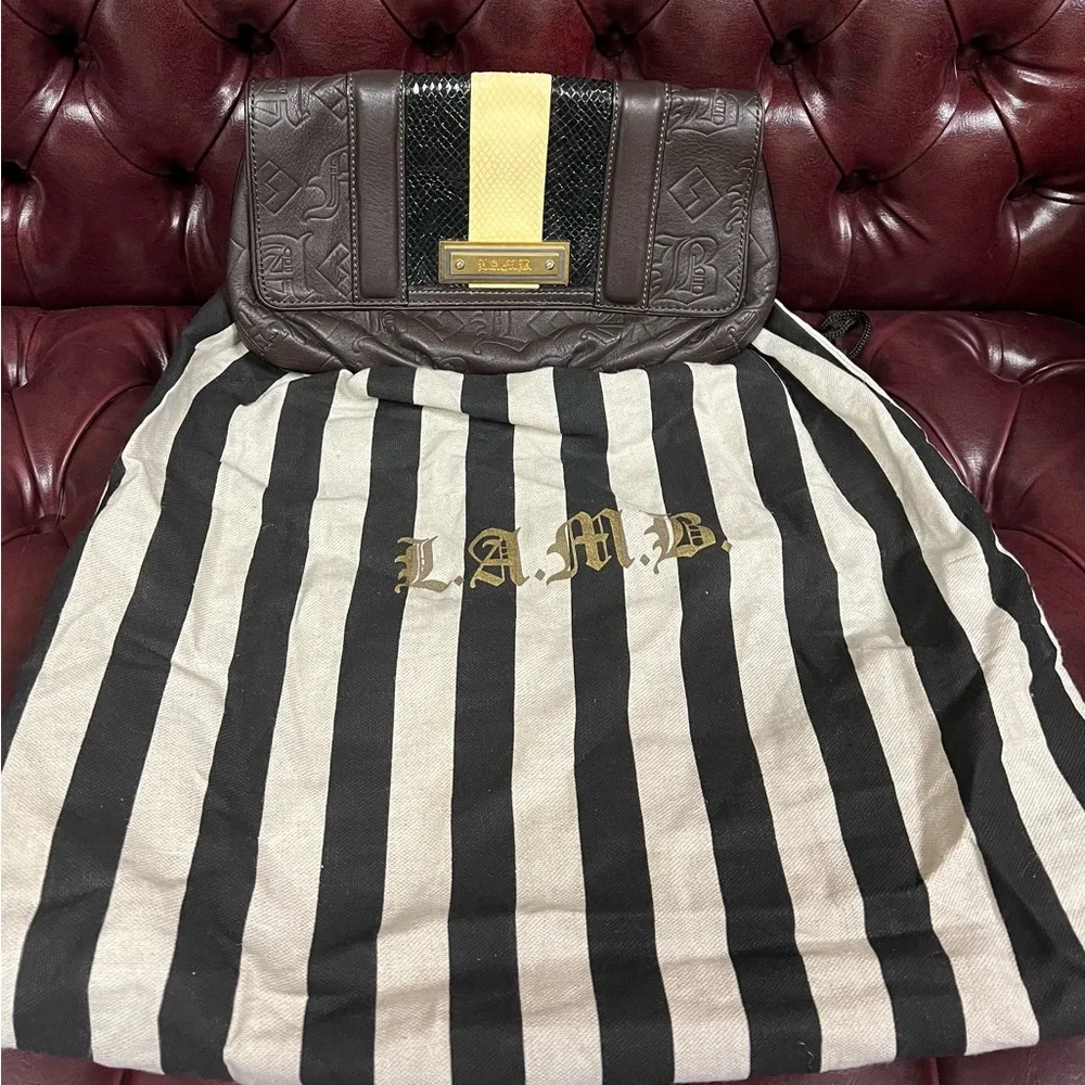 L.A.M.B. Dorset Chocolate Brown Leather Clutch with Faux Snakeskin